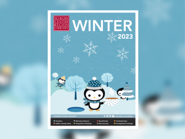 The Schlow Library logo and text "Winter 2023" sits above an illustration of penguins in a wintry scene