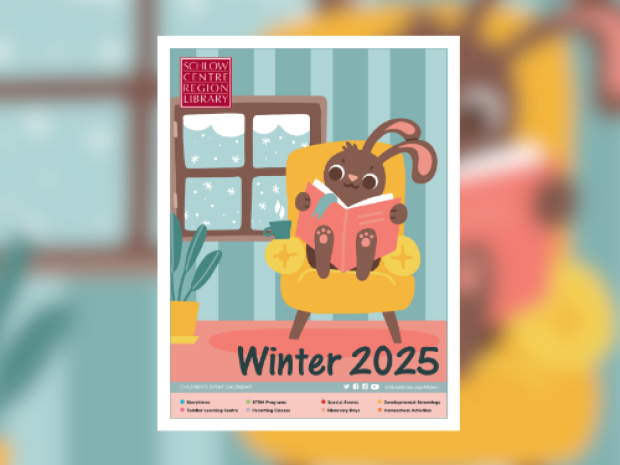 The cover of the Winter 2025 Schlow Children's event calendar (an illustration of a rabbit sitting inside reading a book while it snows outside) against a blurred version of the same image