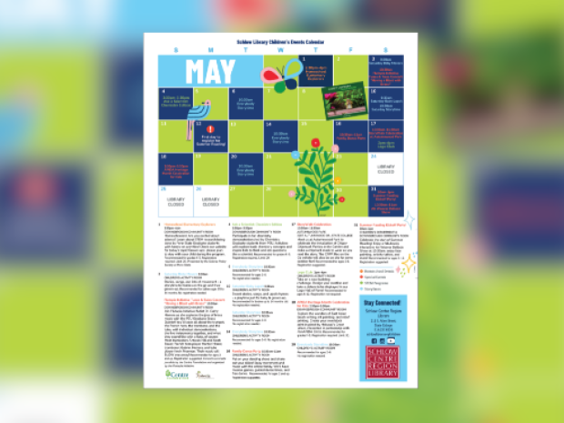 Schlow's May 2025 Children's Calendar sits atop a larger, blurred version of the same image