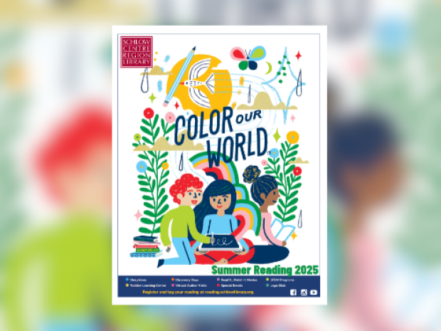 The Schlow Children's Event Calendar cover sits atop a blurred version of the same image