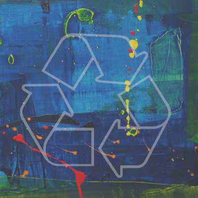 Blue paint-spattered background with the triangle arrows of the recycling symbol in the foreground.