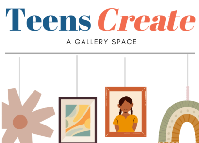 Image of Teens Create Gallery text logo with stylized picture railing and various artwork