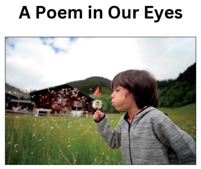 Image of child blowing on a dandelion in front of a barn and in a grass field