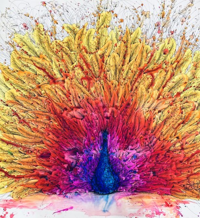 Van Allen image of a watercolor peacock in purple, blue, red, orange, and yellow