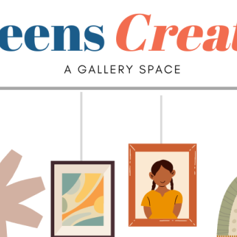 Image of Teens Create Gallery text logo with stylized picture railing and various artwork