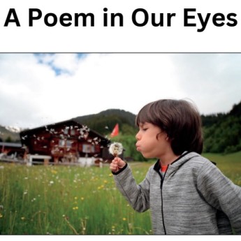 Image of child blowing on a dandelion in front of a barn and in a grass field