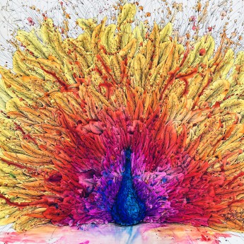 Van Allen image of a watercolor peacock in purple, blue, red, orange, and yellow