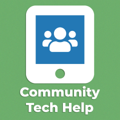 White Tablet Icon with 3 people silhouette above the white text "Community Tech Help" on a green background